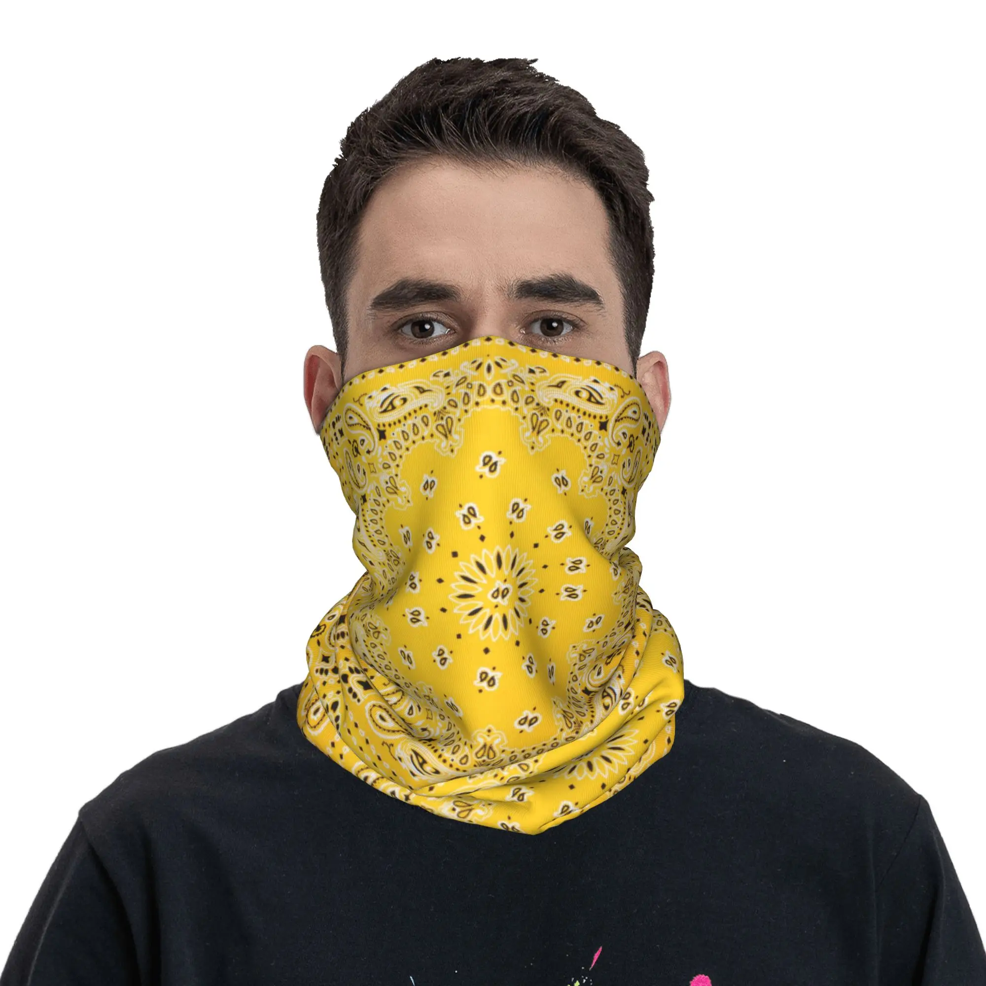 Yellow Paisley Print Bandana Neck Gaiter Printed Magic Scarf Multifunction Headband Riding For Men Women Adult Washable
