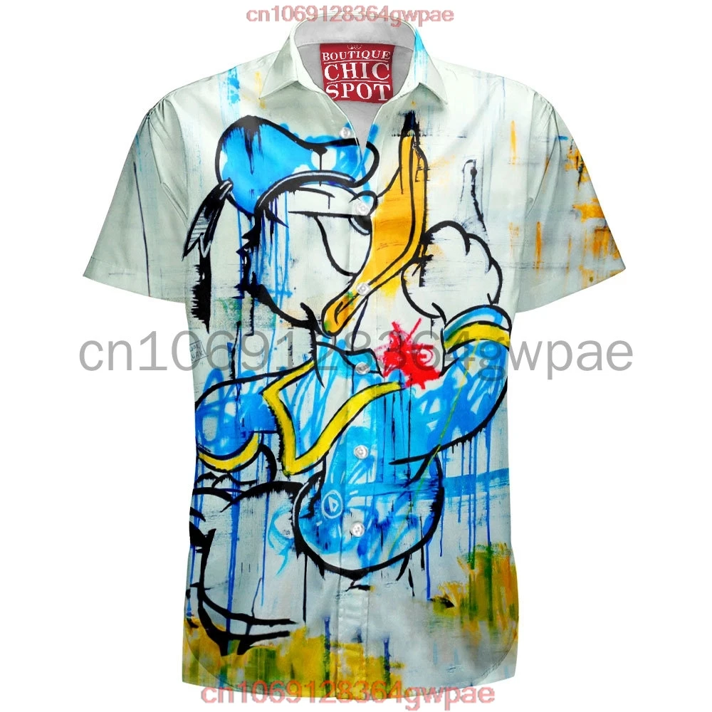 Donald Duck Hawaiian Shirt Men\'s Women\'s Short Sleeve Button Down Shirt Disney Graffiti Lapel Shirt Casual Retro Beach Shirt