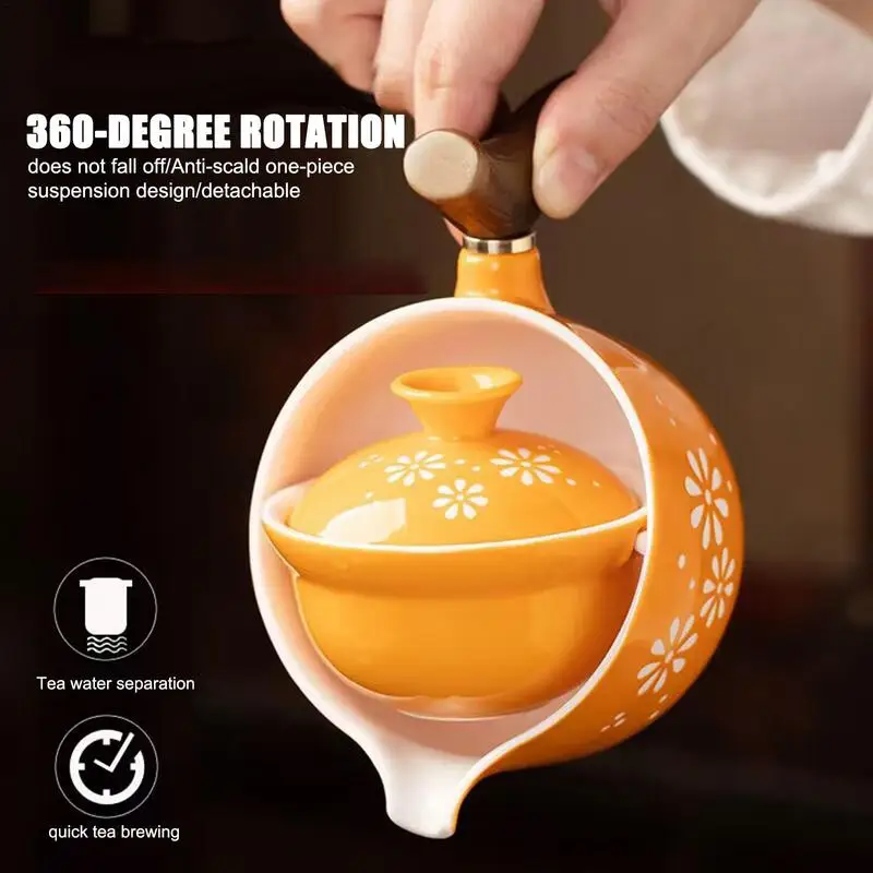 Portable Teaware Chinese Gongfu Kung Fu Tea Set 360 Rotating Teapot Tea Maker Infuser Wooden Handle Pot Cup for Home Office