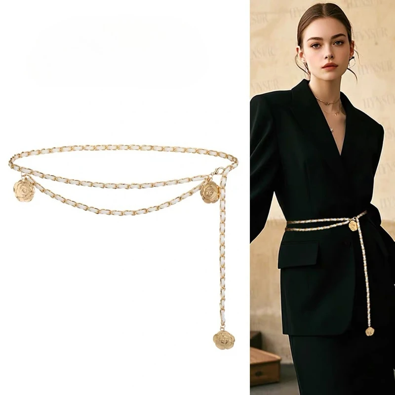 High Quality Metal Waist Chain Belts For Women Round Flower Pendant Chain Strap Rope Female Fine Waistband Dress Shirt Decoratio
