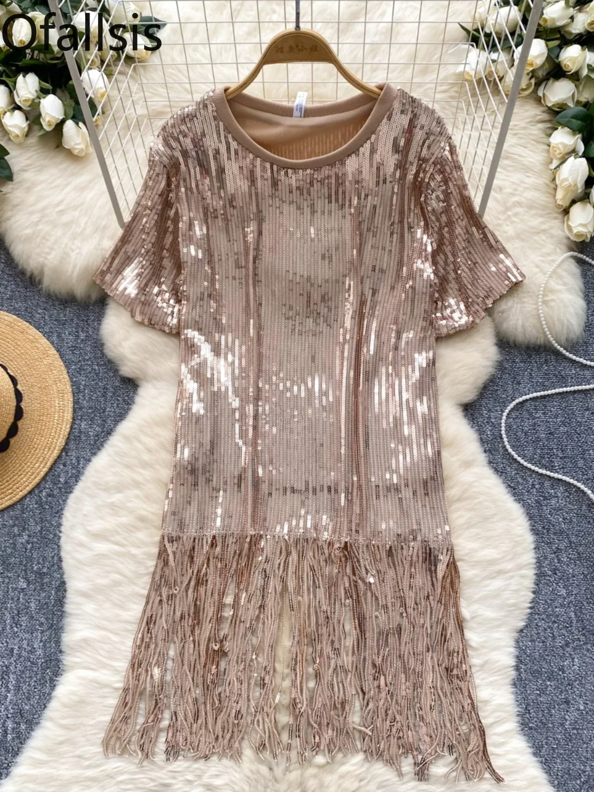 Ofallsis O neck Sparkling Sequin Dress 2024 Summer New Fashionable Retro Short Sleeved Slimming Temperament Sexy Tassel Dresses