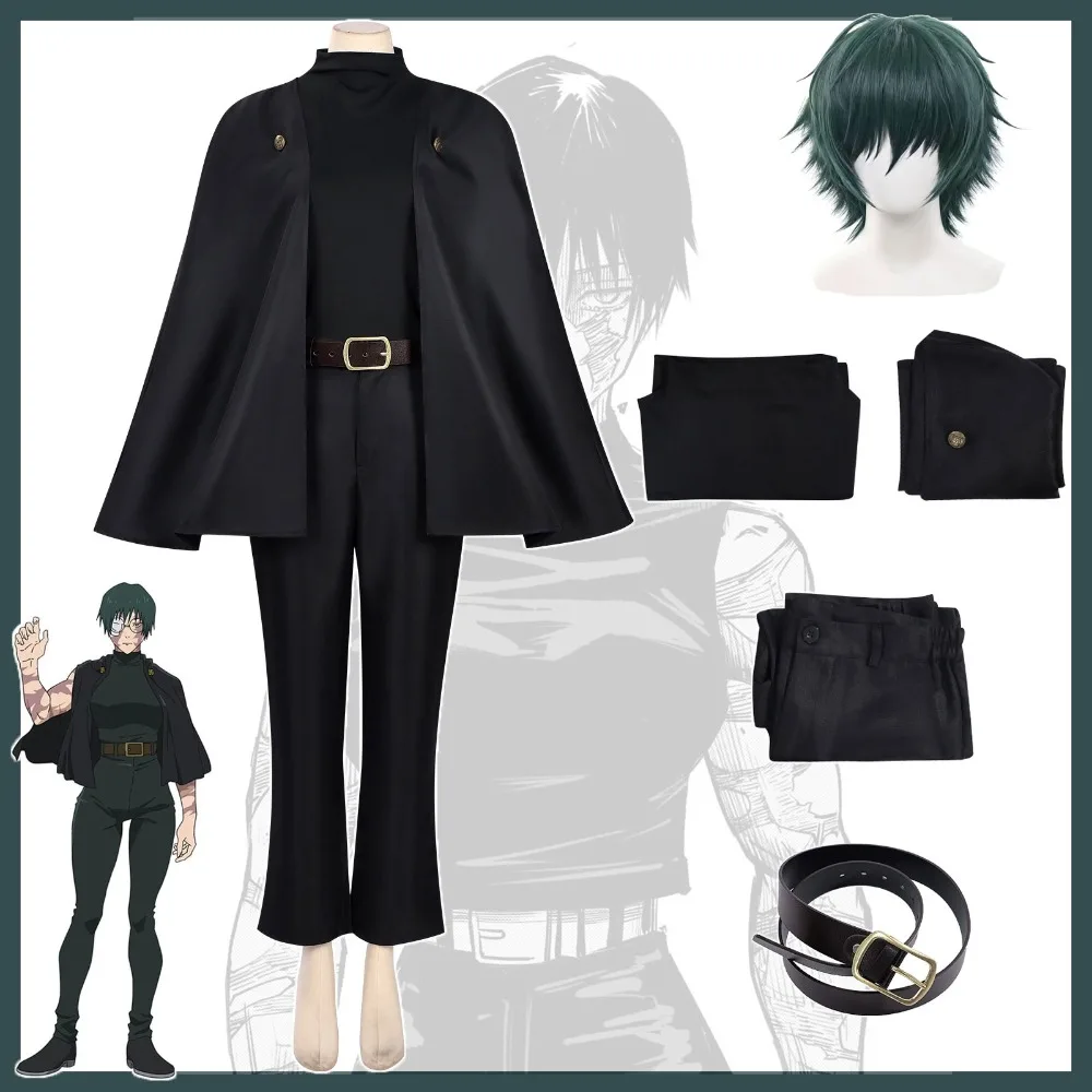 Disfraz de Cosplay de Anime Jujutsu JJK Zenin Maki, Peluca, Uniforme, Capa, Pantalones, Cinturón, para Conventión de Anime, Halloween, Navidad, Fiesta
