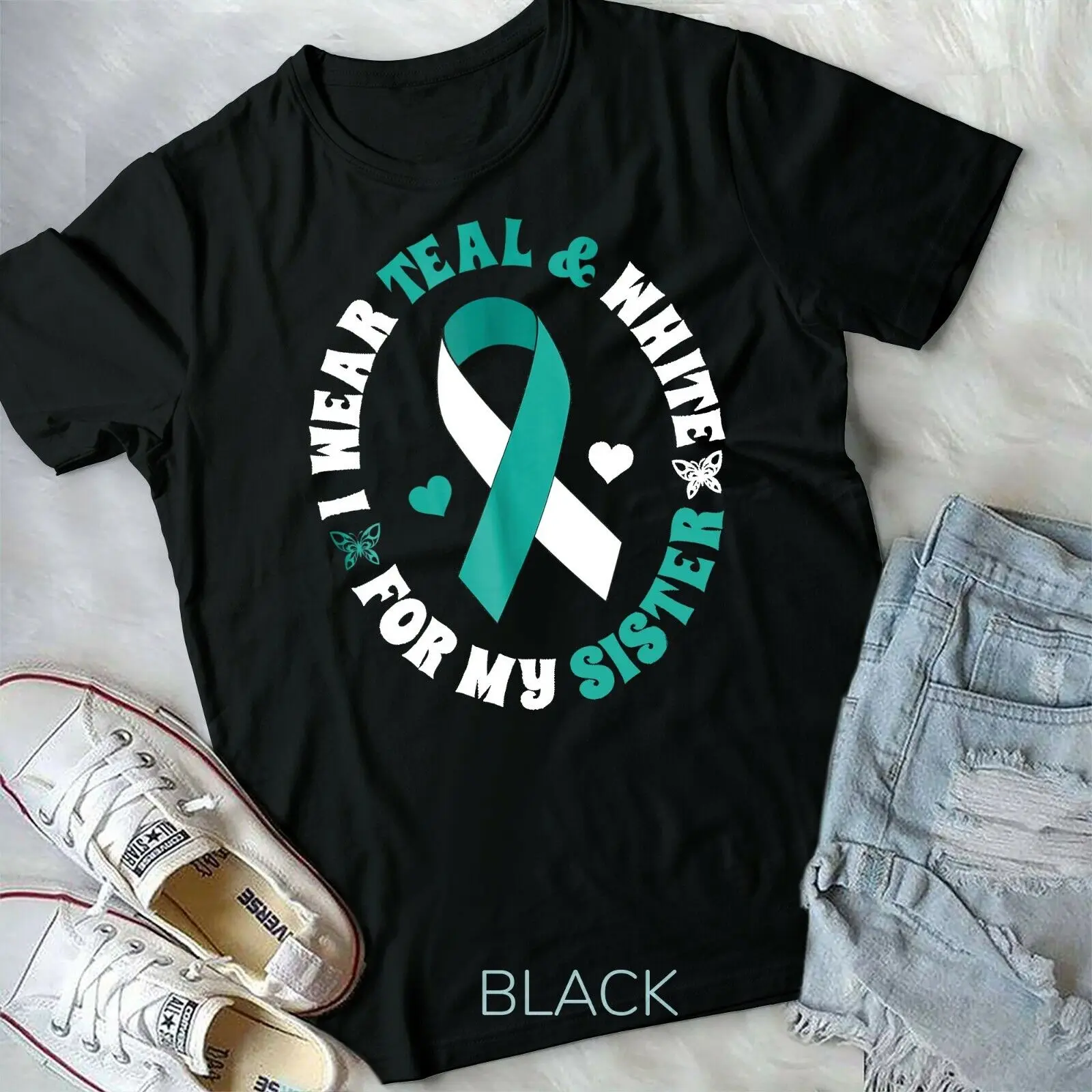 I Wear Teal White For My Sister Cervical Cancer Ribbon Shirt Unisex Youth Tshirt