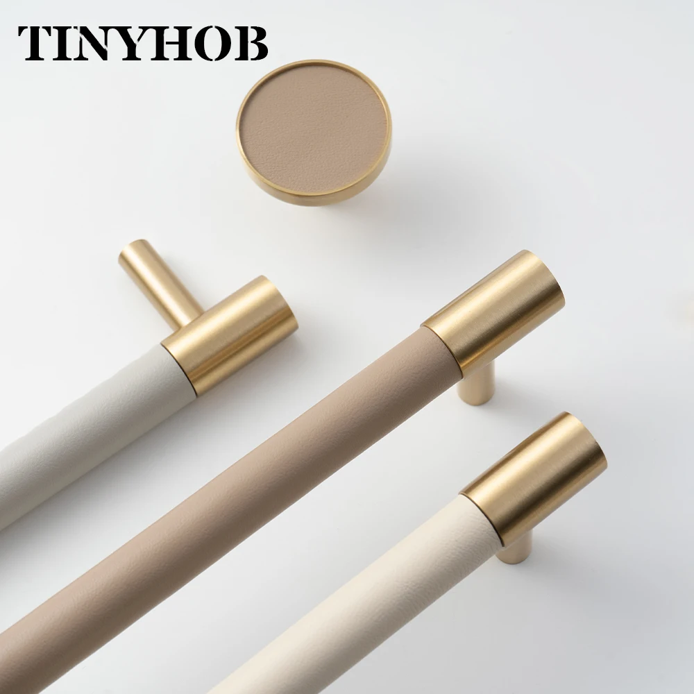European Modern Leather Wrapped Brass Cabinet Handles T Bar Pulls for Wardrobe Closet Kitchen Cupboard Drawer Furniture Hardware