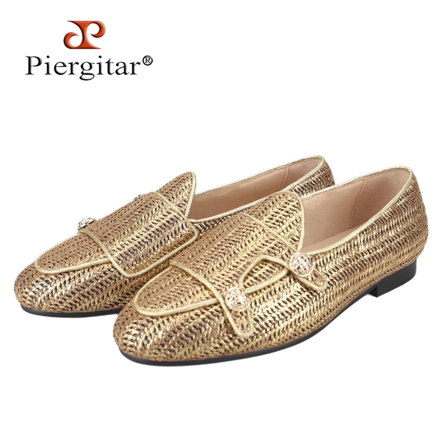 Piergitar Luxury Woven Rafia Double-Monk Belgian Loafers With Vintage Gold Buttons Handcrafted Classic Style Men's Slip-On Shoes