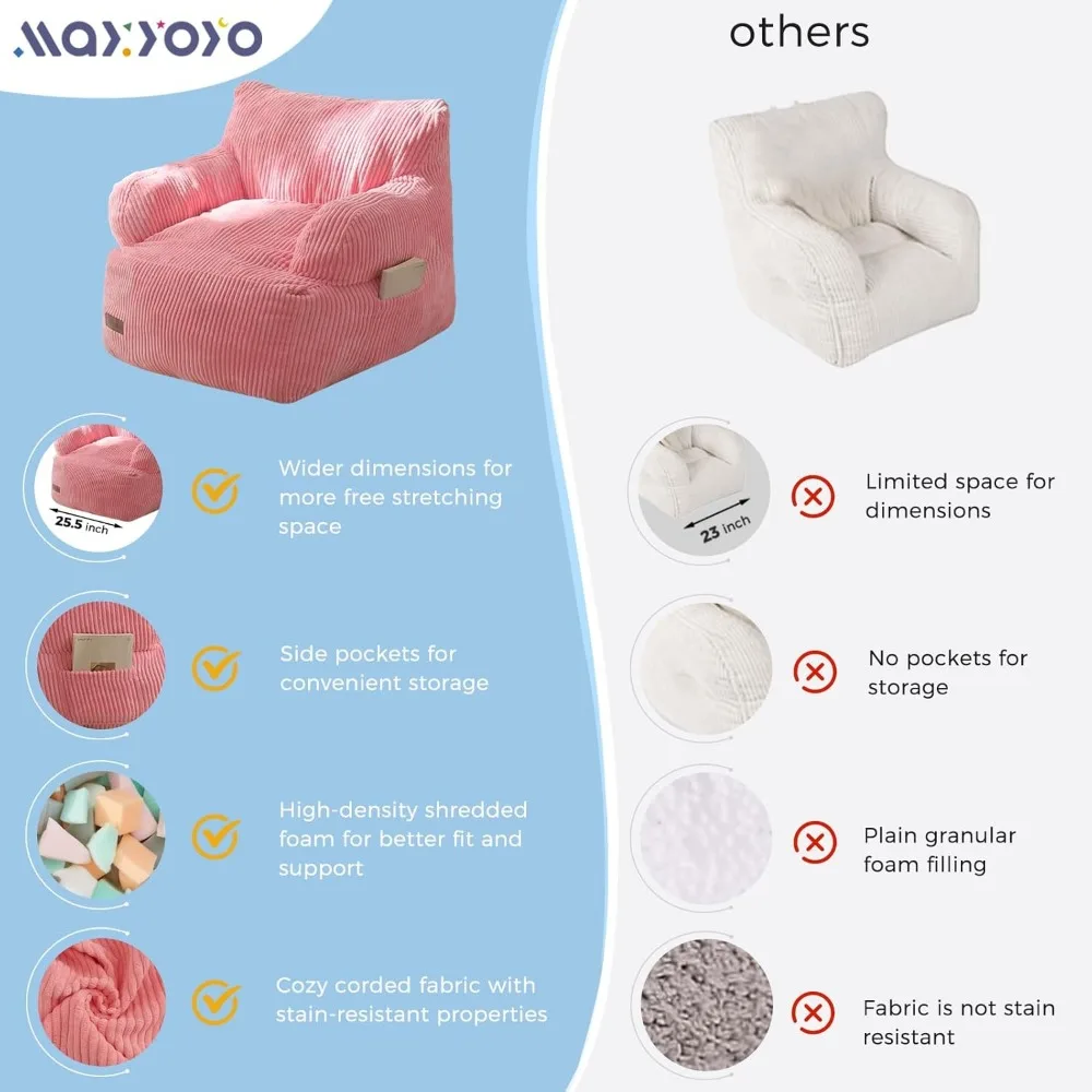 كرسي بين باج للأطفال مع جيب، حشوة إسفنجية ناعمة للراحة، أريكة أرضية وردية للألعاب والقراءة