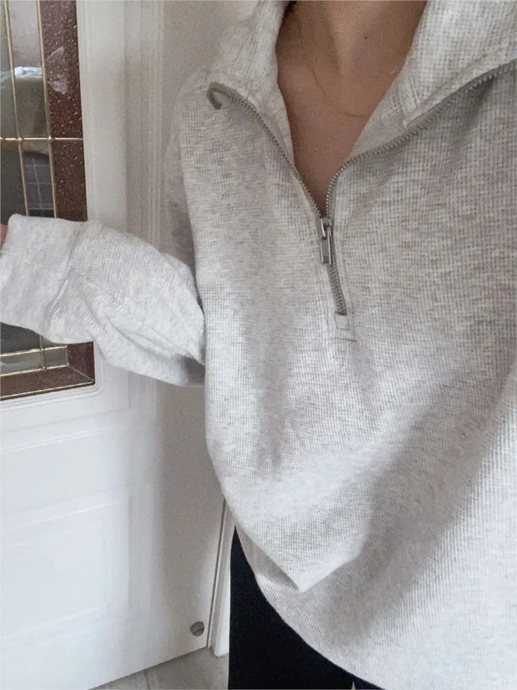 Simple Gray Waffle Half Zip-up Sweatshirts Women Autumn New Casual Cotton Long Sleeve Hoodies Streetwear Sweet Pullover Tops Y2K