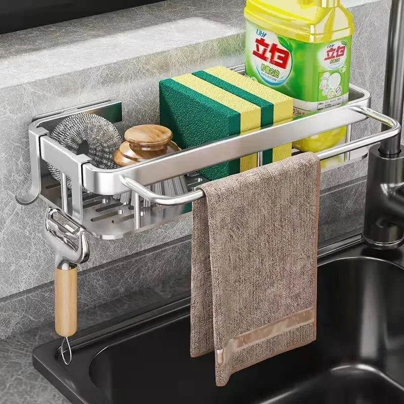 Dishcloth rack kitchen hanging rod free drilling storage hook multi-function wall hanging drain basket sink adhesive strong