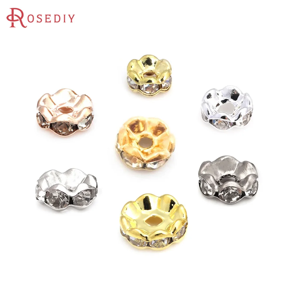 50PCS 4MM 6MM 8MM 10MM Brass with Glass Rhinestone Wave Edge Round Bracelets Spacer Beads Diy Jewelry Making Necklace Earrings