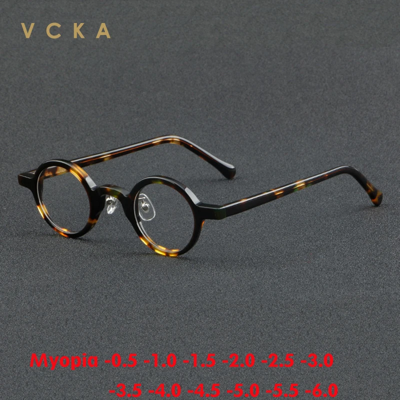 VCKA Acetate Myopia Glasses Frame Men Vintage Retro Small Round Eyeglasses Women Optical Prescription Eyewear -0.5 to -6.0