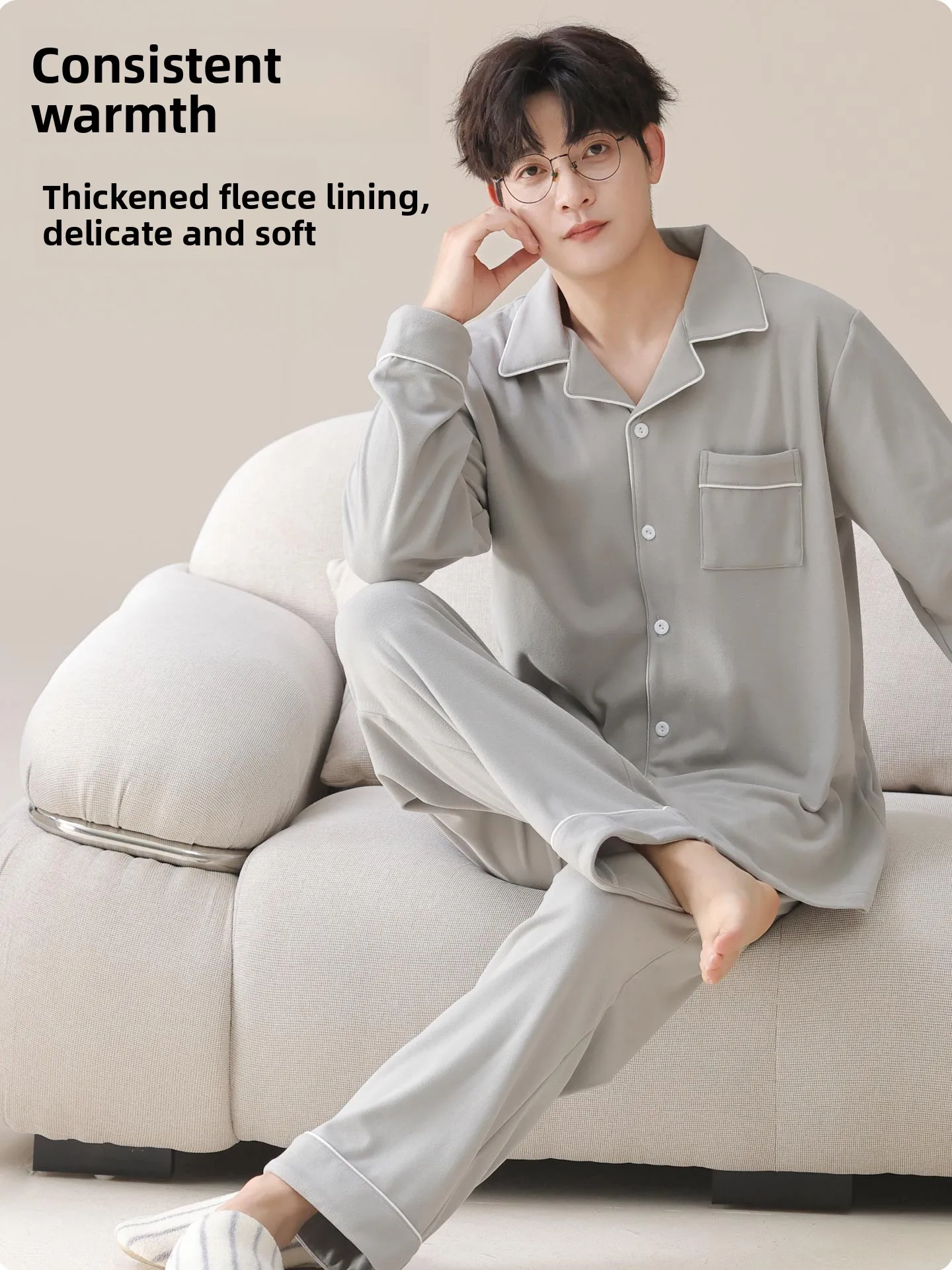 Plandoo Men's Warm Fleece Sleepwear Long Sleeve Open Cardigan Home Clothes Set Thickened Autumn Winter New Style Casual Loose...