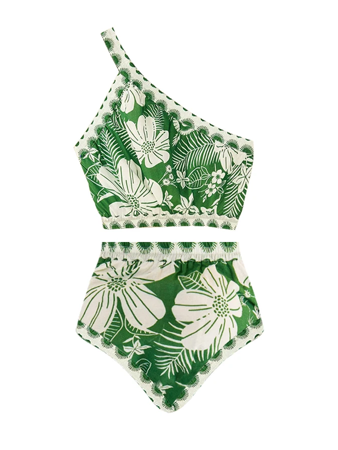 2023 Female Retro Floral Print One-pieces Swimsuits & Cover-ups Green Holiday Beachwear Designer Bathing Suit Summer Surf Wear