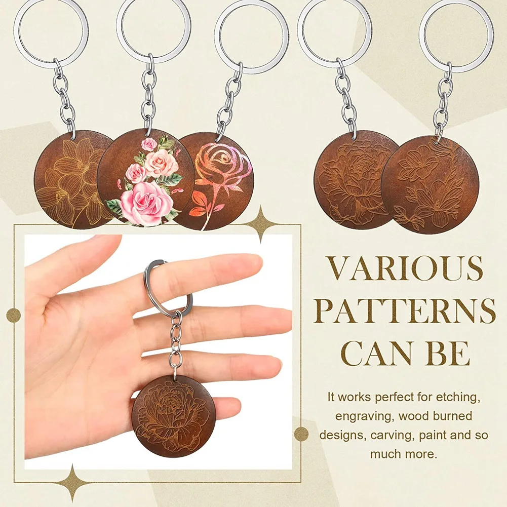 

Ultra 50 Pcs Wood Engraving Blanks Round Shaped Wooden Keychain Set Rings Key Tags Keychain Supplies Coffee Color For DIY Gift C