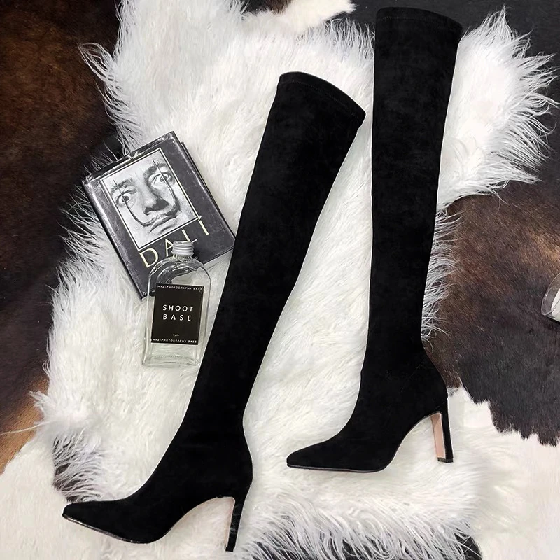 Botas ajustadas elásticas negras para otoño e invierno, tacones altos, nuevas botas individuales sexis de tubo medio, tacón alto de aguja con punta estrecha para mujer