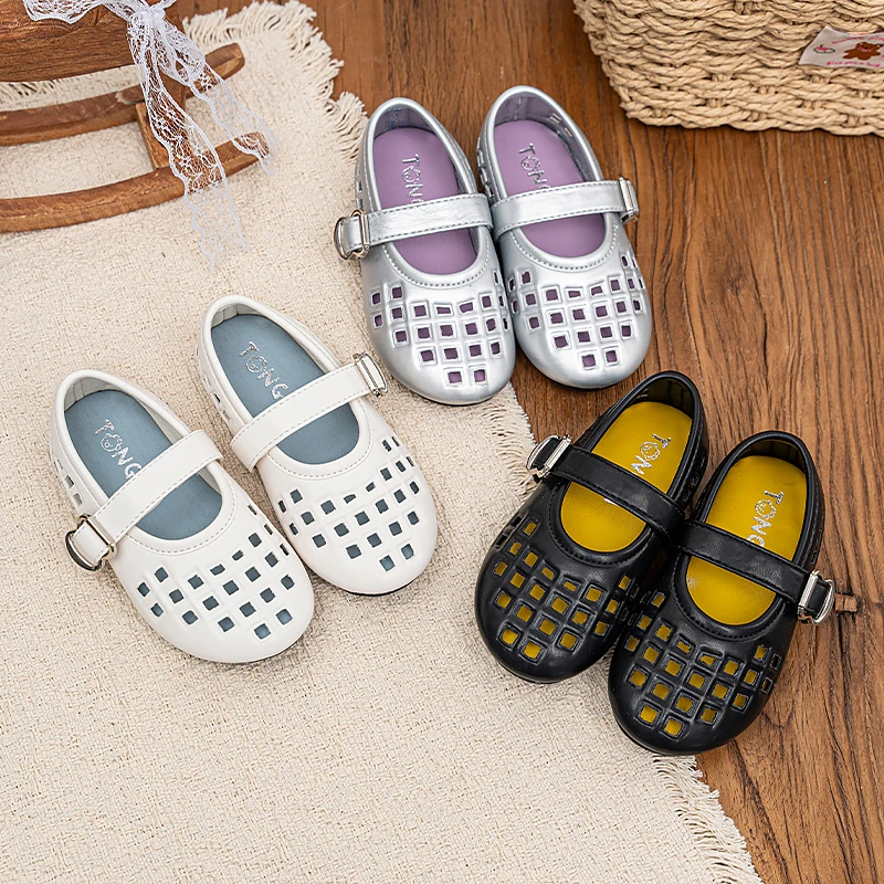 

Summer Toddler Girls Mary Jane Leather Shoes Breathable Hollow Out Soft Sole Leather Shoes for Kids Non-slip Children's Flats