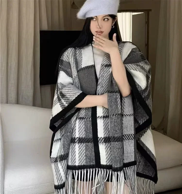 Cardigan Popular Elegant Loose Woolen Multicolor Plaid Tassels Shawl New Cape Poncho for Women Autumn and Winter Plus Size Coat