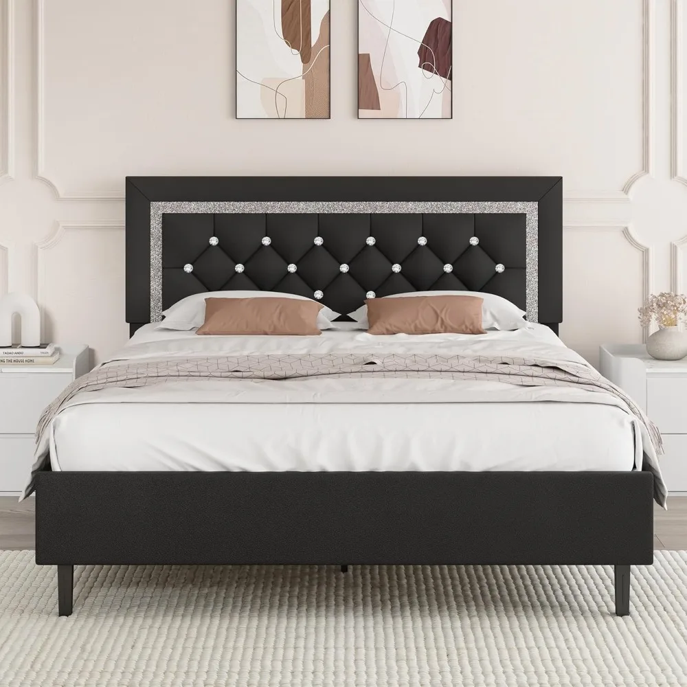 Queen Bed Frame with Tufted Button Headboard, Upholstered Platform Bed Frame with Diamond Design, Strong Wood Slat Support, No B