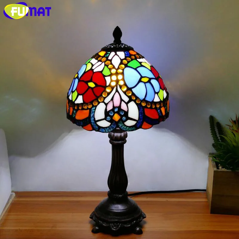 FUMAT Tiffany style stained glass European pastoral retro table lamp for bedroom bedside lamp restaurant cafe study LED decor