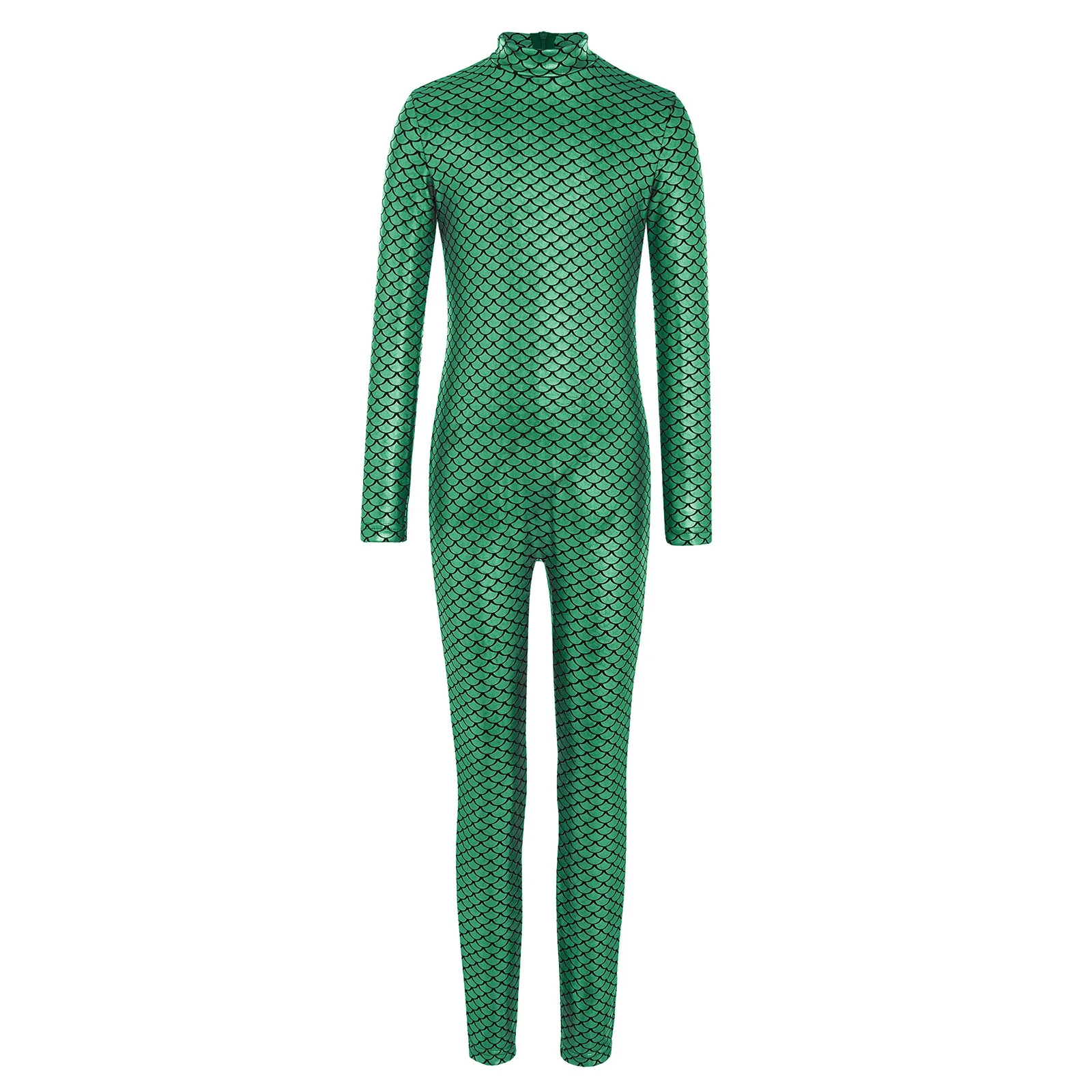 Kids Girls Metallic Fish Scales Jumpsuit Long Sleeve Zipper Shiny Bodysuit Ballet Dance Skating Gymnastics Leotard Unitards