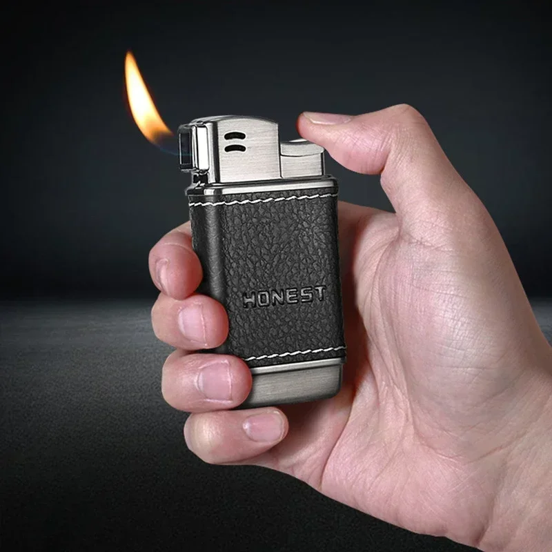 2025 HONEST Upscale Genuine Leather Metal Gas Cigar Lighter Oblique Out Open Flame Pipe Dedicated Cigarette Lighter Men's Gift