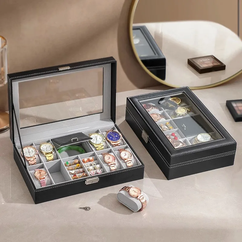 Watch Box, 8 Jewelry Box Watch Display Case Organizer Jewelry Trey Storage Box Black PU Leather with Mirror and Lock