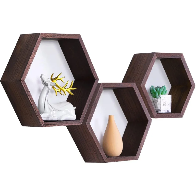 1Pc Hexagonal Floating Shelf, Honeycomb Wooden Wall Storage Decor for Living Room Bedroom Kitchen Office, 3 Sizes Available