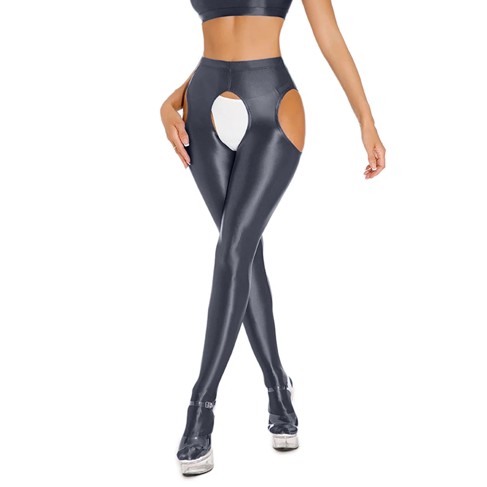 Women Sexy Leggings Hollow Glossy Shiny Sheer Stretchy Open Crotch Skinny Dance Yoga Pants Open-End Temptation Uniform