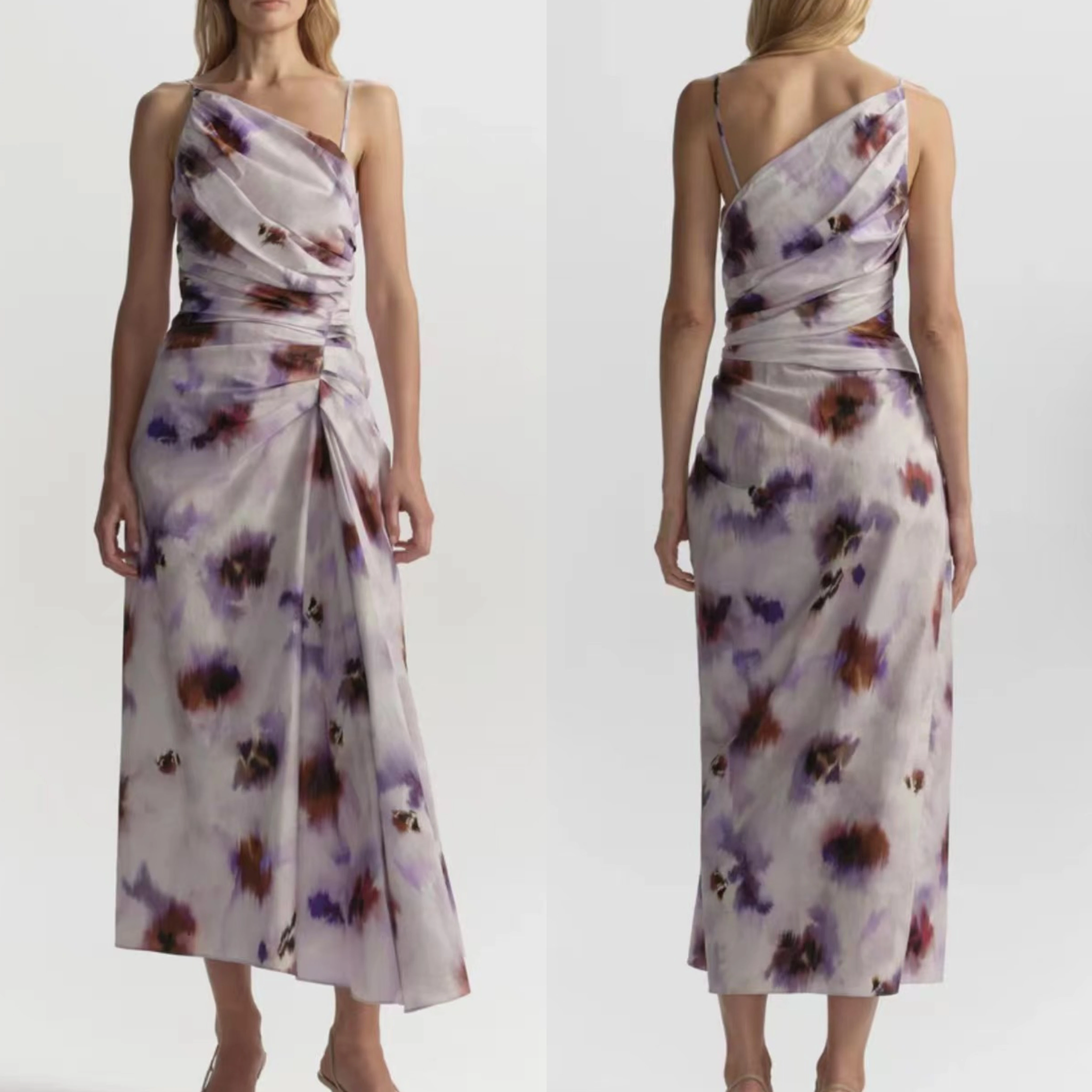 Women Slanted shoulder asymmetrical midi dress sleeveless high waist fashion holiday dress