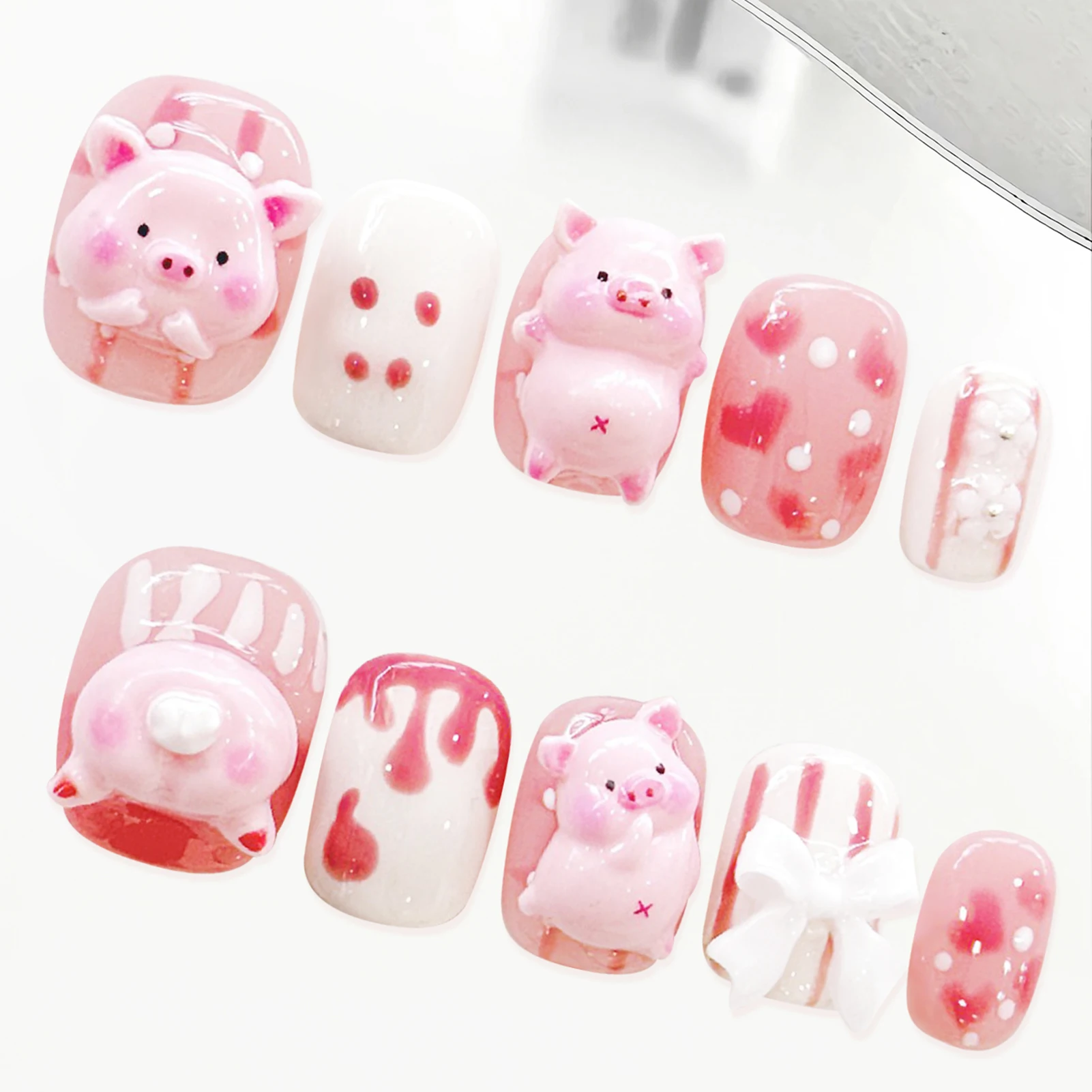 Handgemachte Presse auf Nägeln 3d rosa großes Design kurze falsche Nägel für Frauen tragen Detahcbale süße rosa gefälschte Nagels pitzen für Mädchen