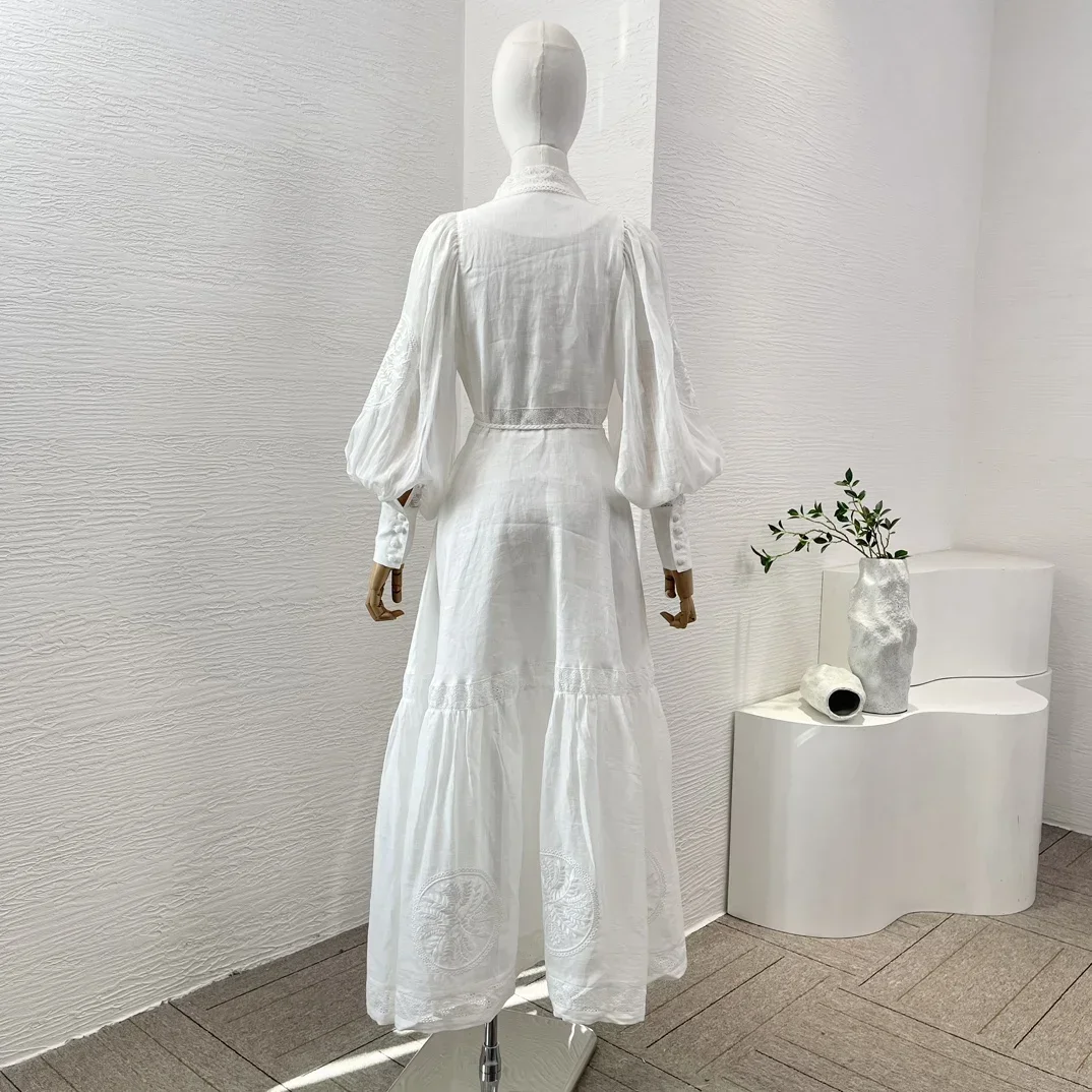 White Pure Cotton Top Quality Spring Summer Elegant Women Clothing 2024 Lantern Sleeve Lace-up Embroidery Maxi Dress