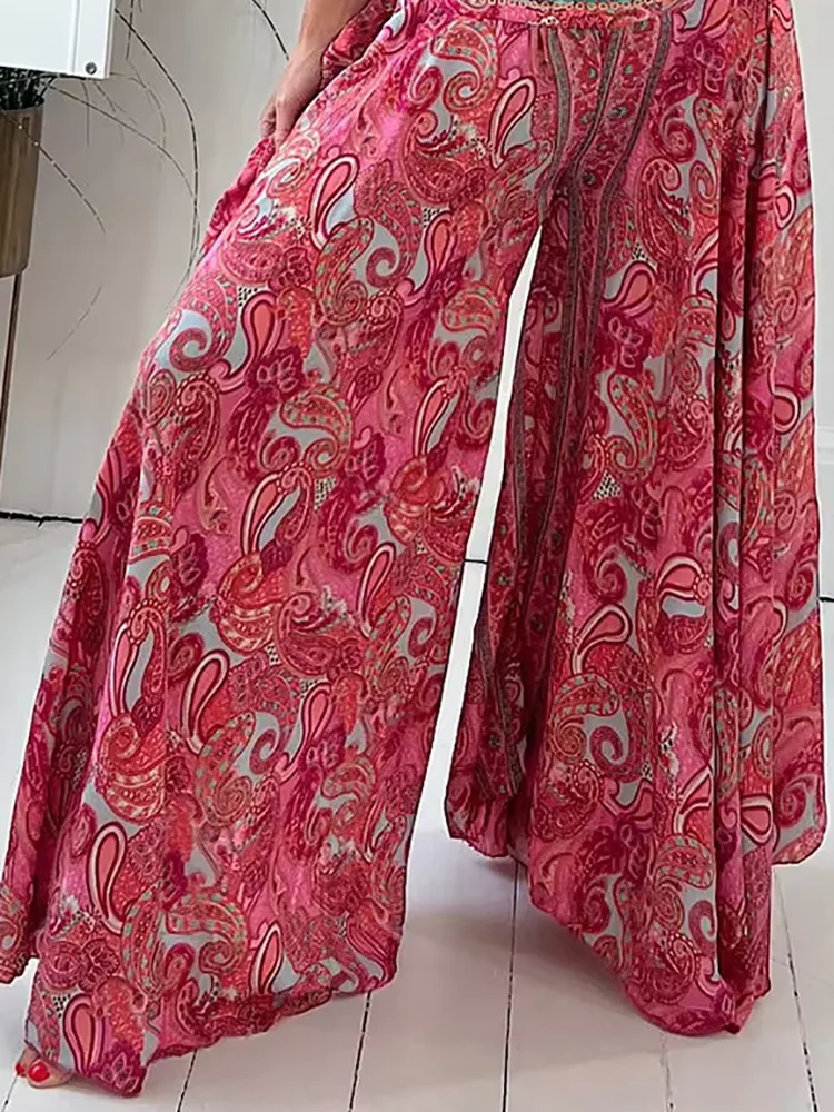 2025 Summer Women Elastic Waist Pleated Casual Pants Vintage Printing Ladies Wide Leg Long Trousers Streetwear Femme Loose Pants