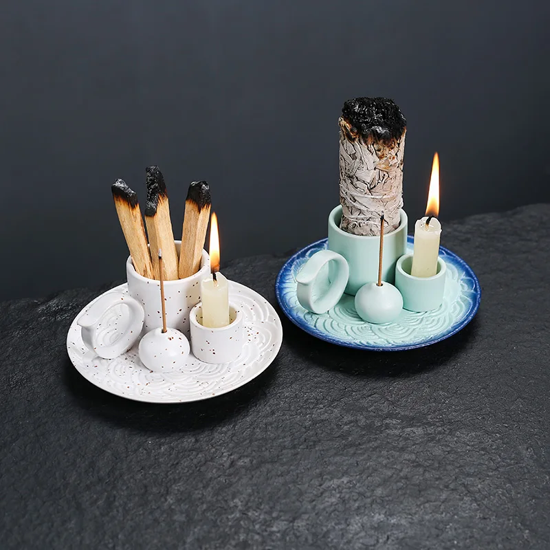 مبخرة 4 في 1، حامل سيج بالو سانتو، حامل عصا البخور، حامل شموع، مبخرة سيراميك لغرفة المعيشة والتأمل