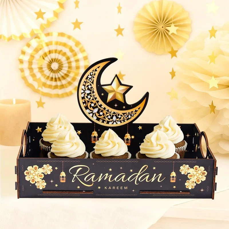 Plateau en bois étoile lune, 1 pièce, boîte de rangement en bois pour collation du Ramadan, conteneur de gâteaux et de desserts, organisateur pour service festif et à domicile