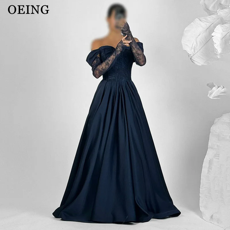 

OEING Charming A-Line Prom Dresses Navy Blue Off Shoulder Satin Party Gowns Floor-Length Evening Dress With Lace Customized