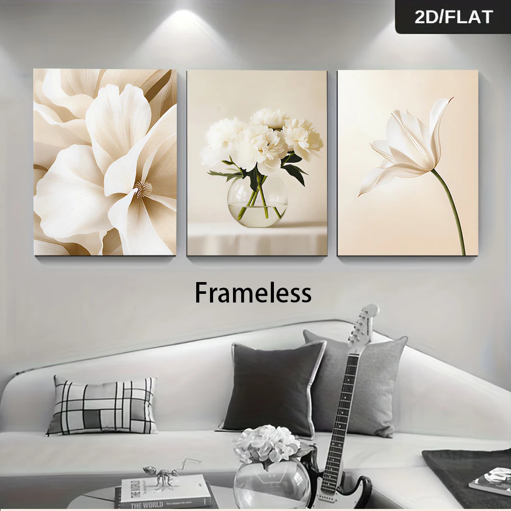 1 set of modern minimalist living room triple frameless decorative paintings ins floral sofa background wall painting 2D plan