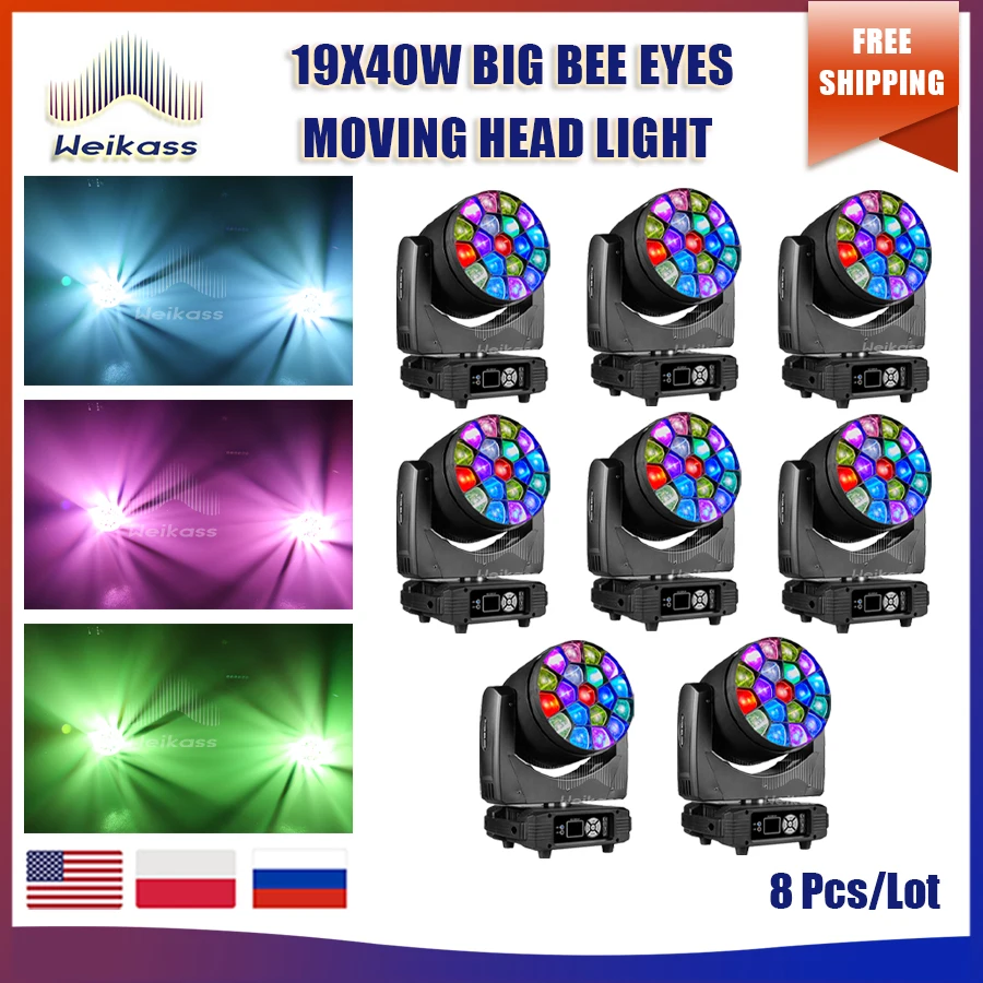 0 Tax 8Pcs 19x40W RGBW LED Spotlight Wash/Zoom Professional DJ/Bar Lighting Big Bee Eye Moving Head dj disco strobe stage lights