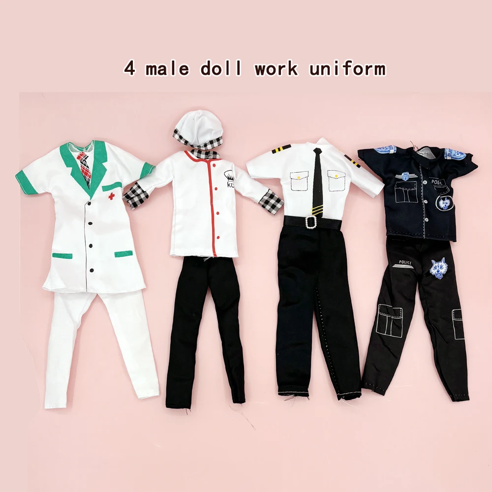 4-حزمة من ملابس الدمى الذكور مقاس 11.81 بوصة - الشيف، الكابتن، الطبيب، زي الشرطة للعب الأدوار وإكسسوارات الدمية المصنوعة من ملابس الدمية