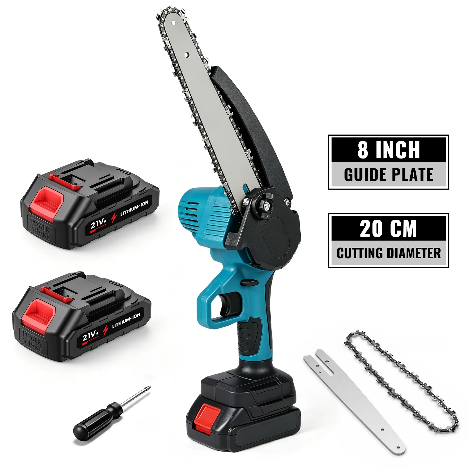 Image of 8-Zoll-Elektro-Garten-Holzschneidemaschine mit automatischer Ölschmierung, Schneidwerkzeug für Holzarbeiten, kompatibel mit 21V-Lithium-Batterie