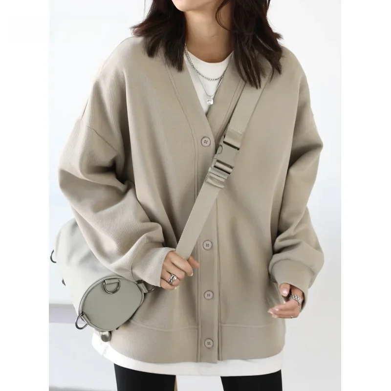 

2024 Korean Autumn Winter Women's Sports Coat Casual Loose V-neck Sweatshirt for Women Thick Warm Tops Office Lady Female