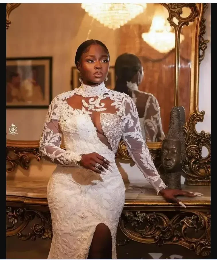 Customized High Quality High Neck Long Sleeve Wedding Dress Chapel Train Vestido De Casamento Heavy Appliques Beads Bridal Gown