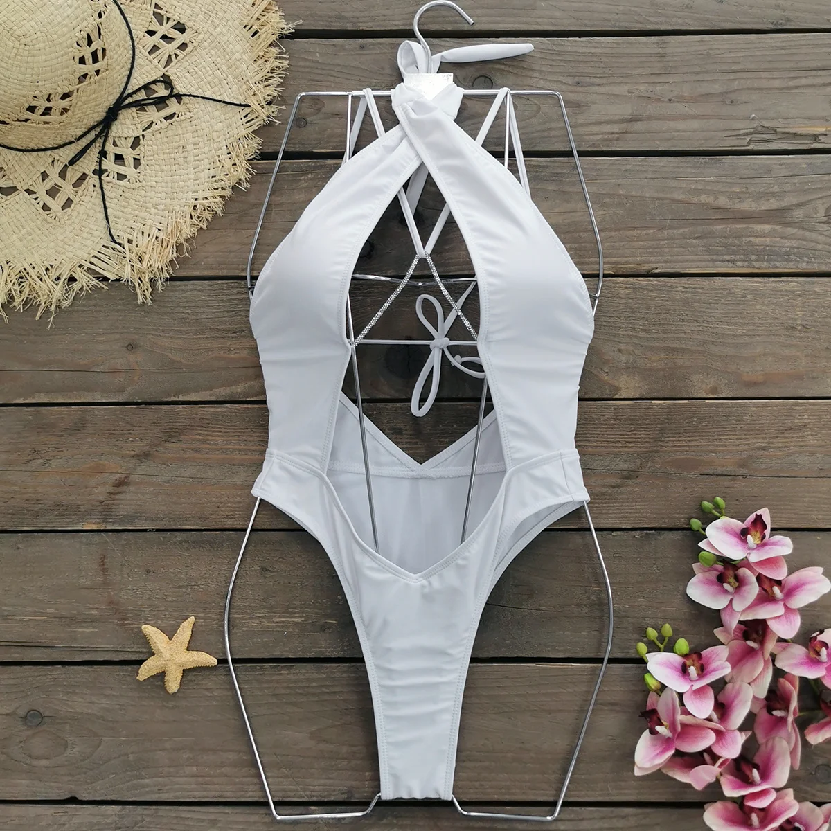 Sexy Hollow Out One Piece Swimwear Push Up Women's Swimsuit  2024 Trend Solid Bath suits Halter Monokinis Summer Beachwear image 6