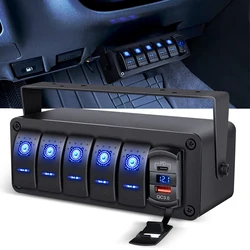 DaierTek 6 갱 로커 스위치 박스, 12V SPST ON OFF PD 타입 C 및 QC 3.0 USB 충전기 전압계 방수 알루미늄 스위치 패널