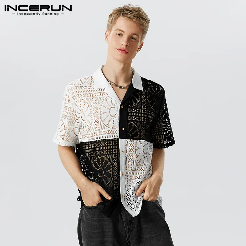 

Men Shirt Mesh Patchwork Transparent Lapel Short Sleeve Loose Men Clothing Summer 2023 Vacation Stylish Casual Camisas INCERUN