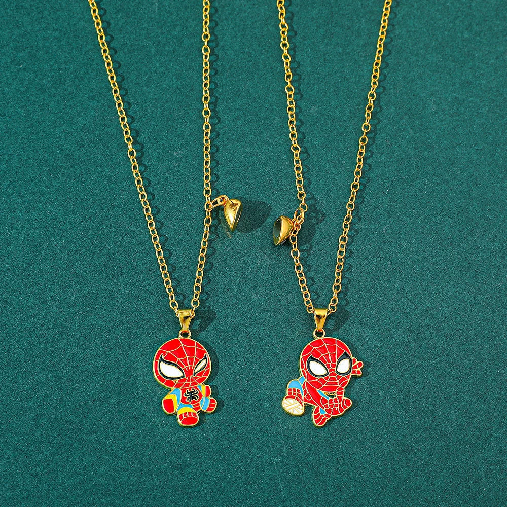 Spiderman Enamel Necklace Set for Friends - Cartoon Superhero Magnetic Attraction Heart BFF Pendant Fashion Gift