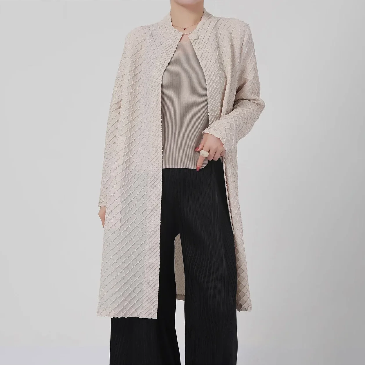 Miyake Women Cream Diamond Quilted Long Cardigan, Open Front Long Sleeve Coat, Textured Loose Outerwear