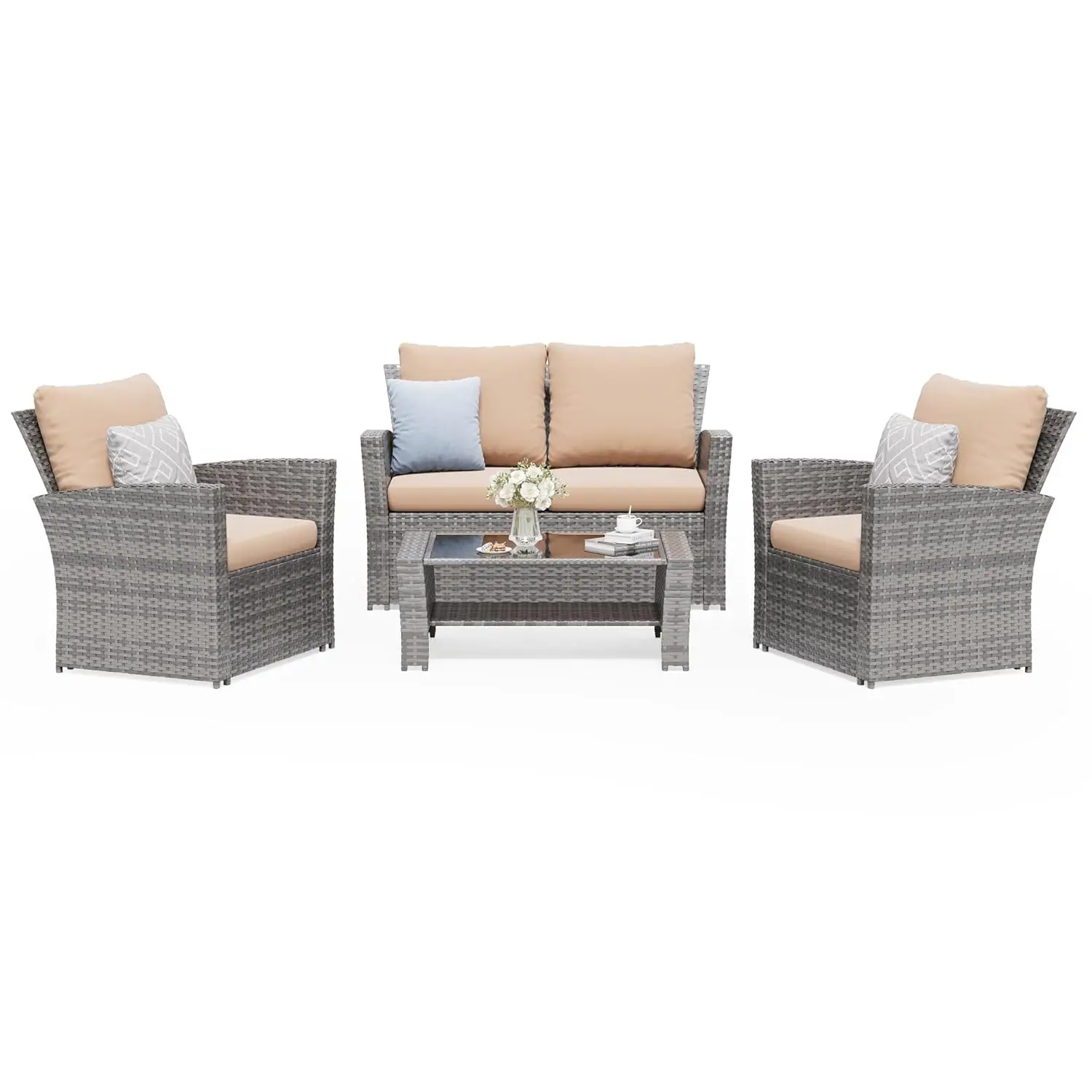 

Комплект из 4 предметов: секционный диван из ротанга с подушками, стеклянный стол, устойчивый к погодным условиям, для сада, на заказ