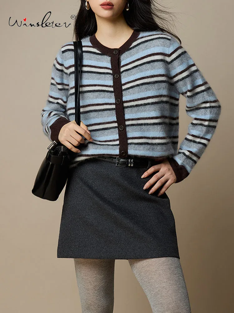 

Winsleter-92.9%Sheep Wool 7.1%Cashmere Elegant Sweater, O Neck Striped, Women Fashion Casual Knit Cardigan, 2025 Autumn T5N314CC