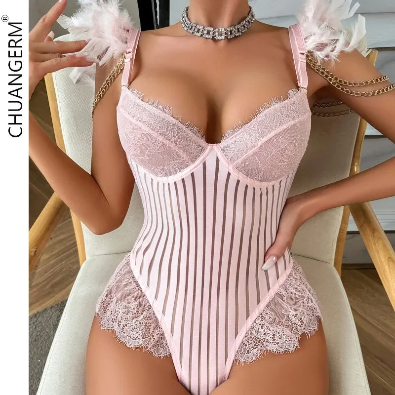 

CHUANGERM Sexy Lace Bodysuit sexy bra sexy lace steel ring gathered cross webbing hollow erotic lingerie four-piece set