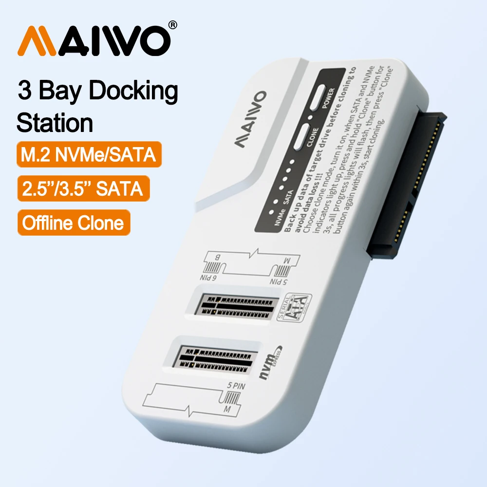 

MAIWO 3 Bay 2.5/3.5 Inch HDD Case M.2 NVMe/SATA SSD Enclosure With Offline Clone USB3.2 Type-C Gen2 10Gbps External HDD/SDD Case
