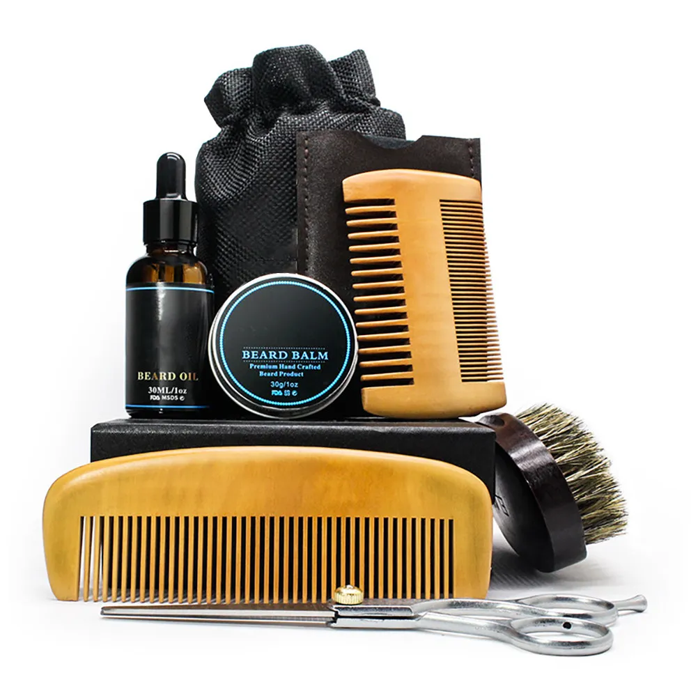 6Pcs Beard Grooming Set Natural Oil Balm Scissor Comb Brush Men Beard Care Kit Soften Manage Itch Reduce Split